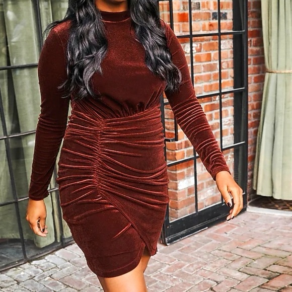 express brown velvet dress Avec Les Filles Women's Asymmetric Drape Long Sleeves Maxi Dress - Chocolate Brown